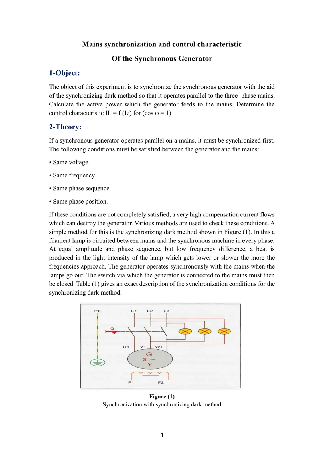 غلاف تقرير Mains synchronization and control characteristic Of the Synchronous Generator