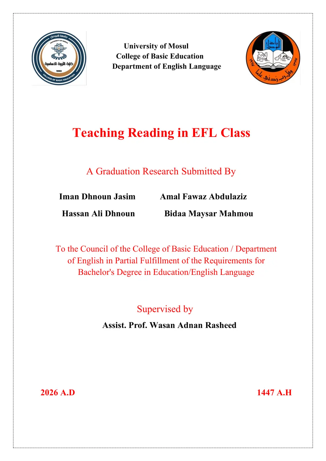 غلاف تقرير Teaching Reading in EFL Class