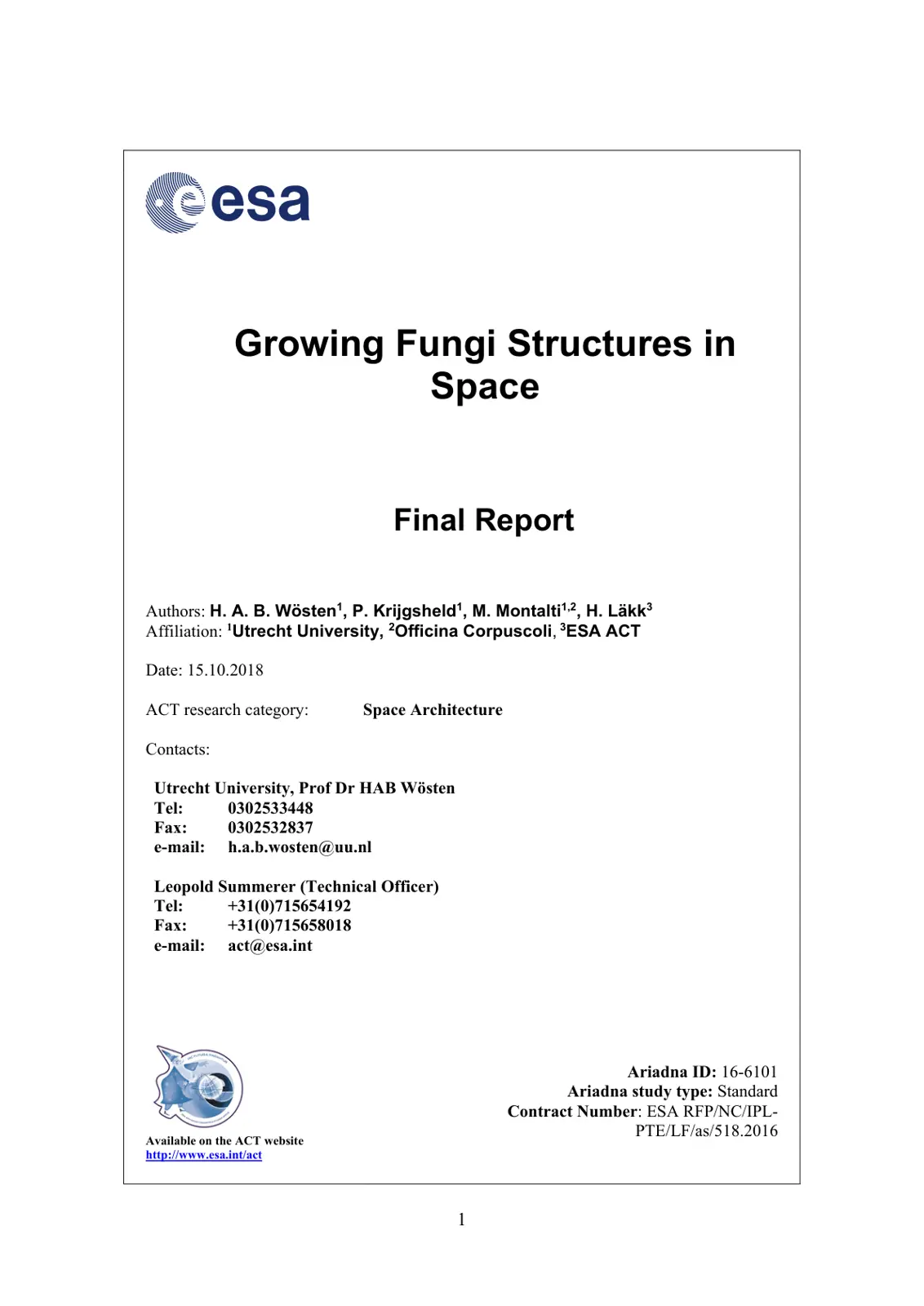 غلاف تقرير Growing Fungi Structures in Space