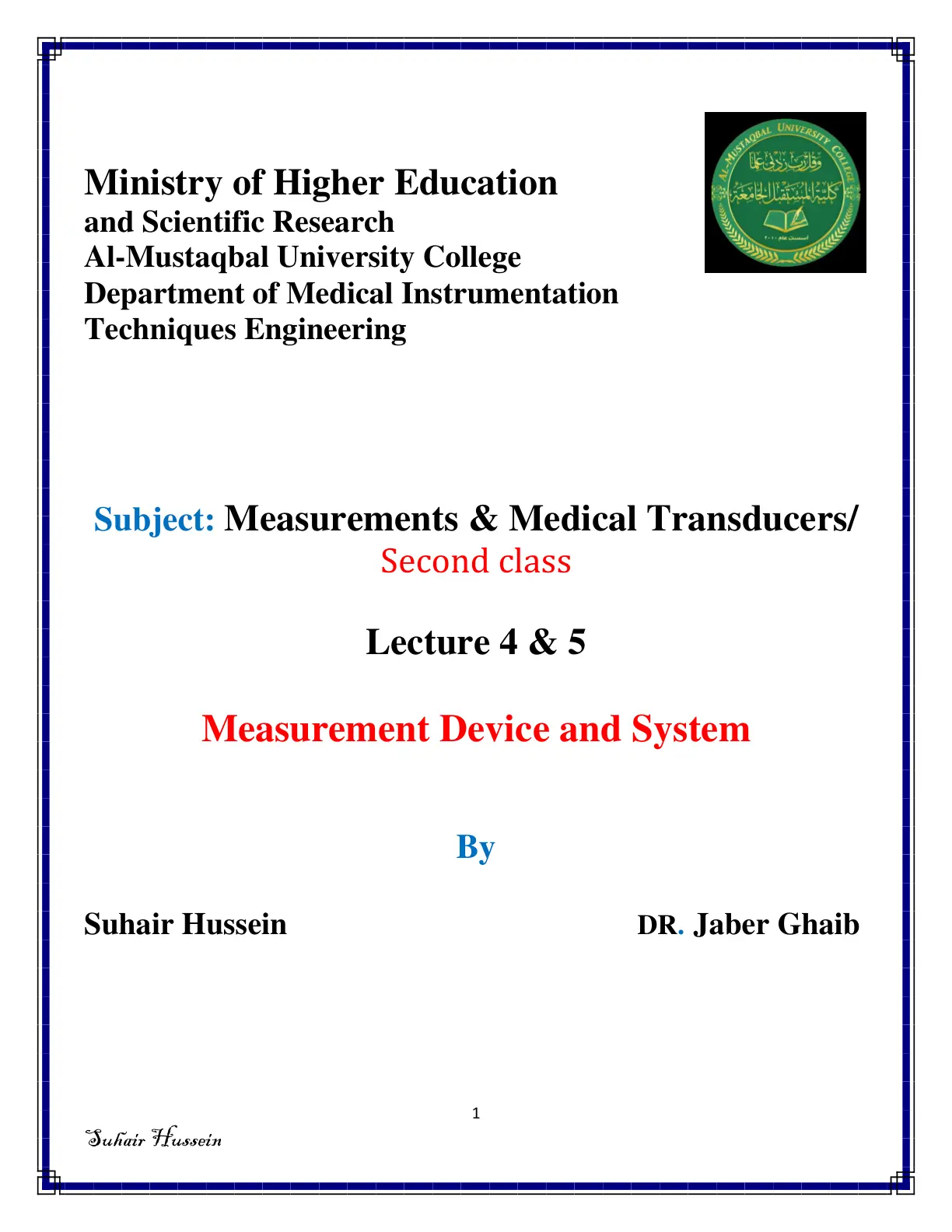 غلاف تقرير Measurements & Medical Transducers - Lecture 4 & 5: Measurement Device and System
