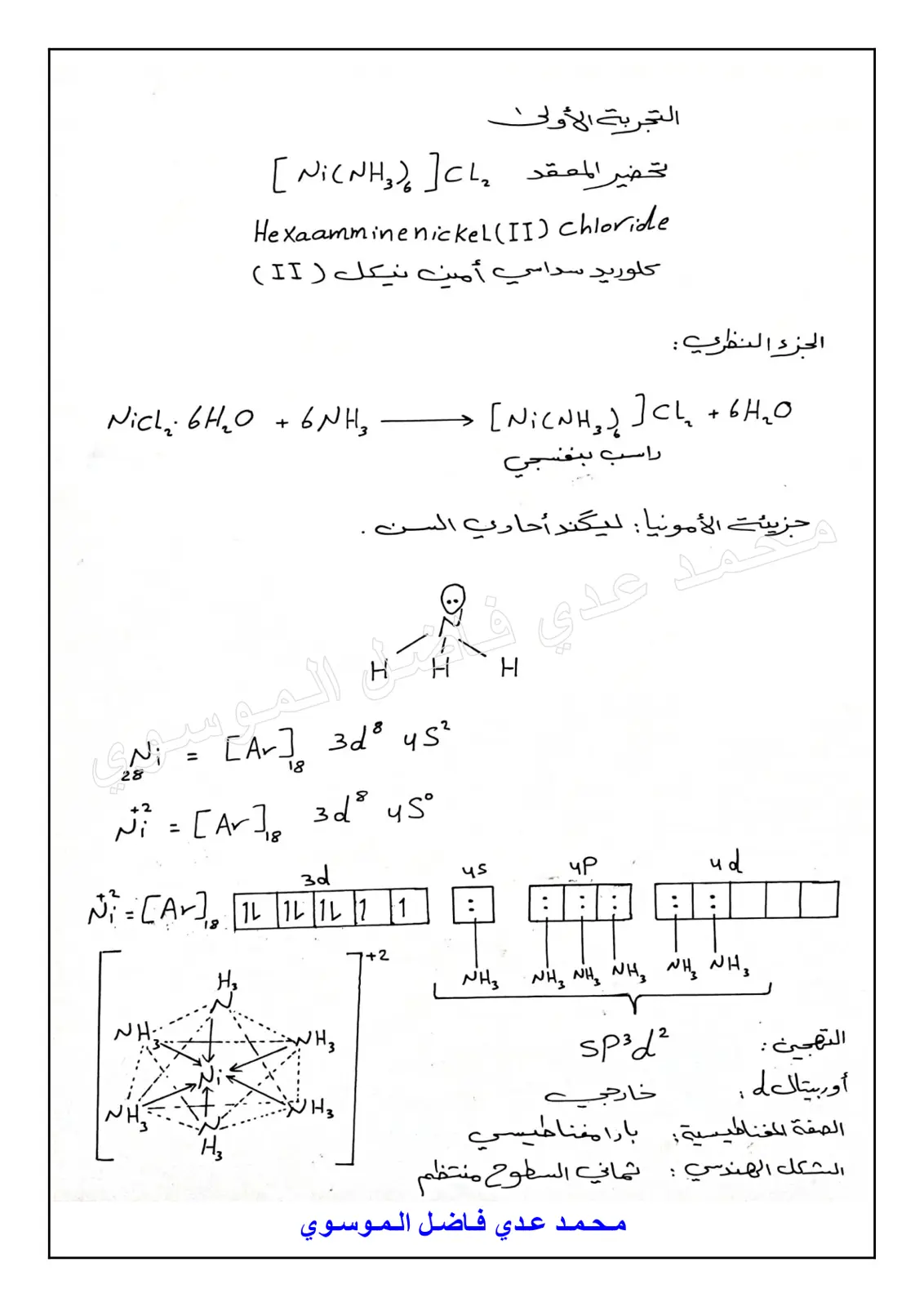 غلاف تقرير تحضير المعقد Hexaamminenickel(II) chloride (كلوريد سداسي أمين نيكل II)