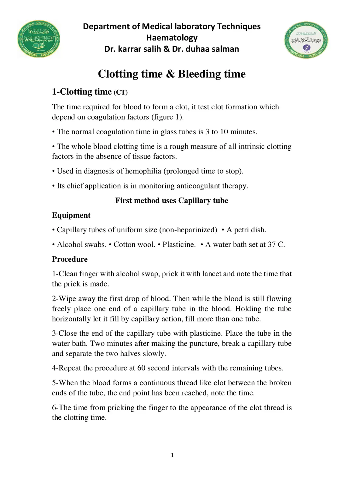 غلاف تقرير Haematology: Clotting Time & Bleeding Time