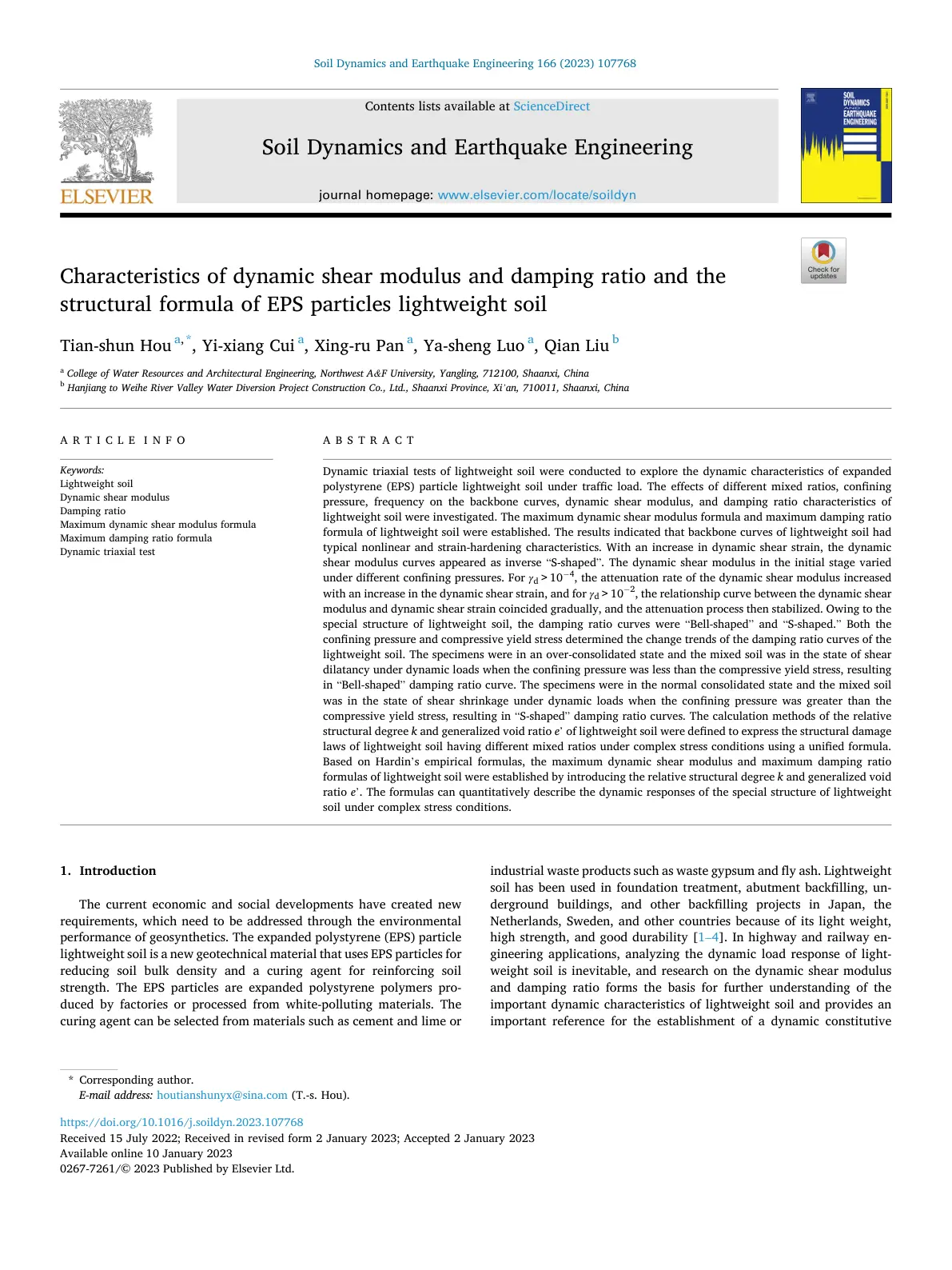 غلاف تقرير Characteristics of Dynamic Shear Modulus and Damping Ratio and the Structural Formula of EPS Particles Lightweight Soil