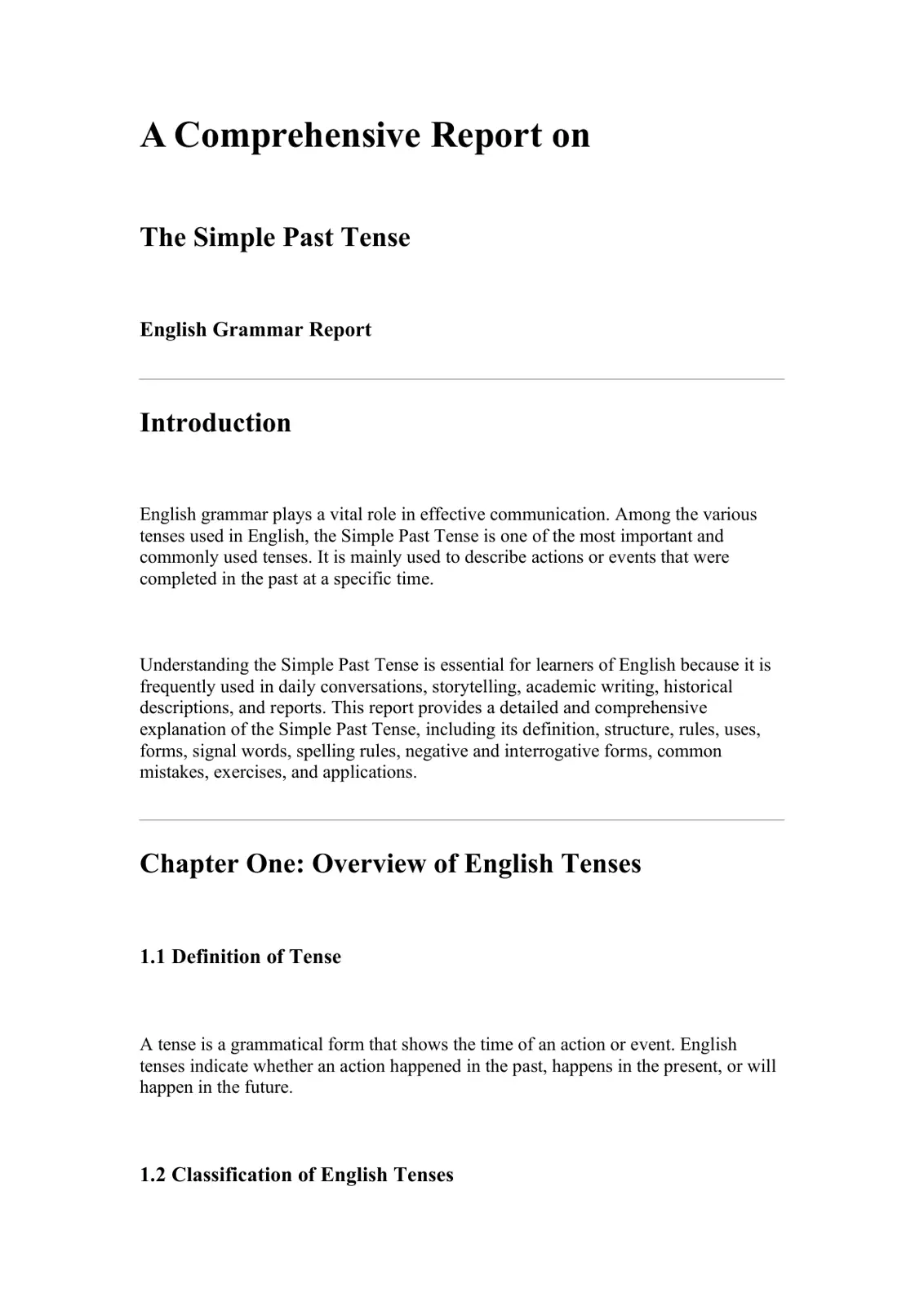 غلاف تقرير A Comprehensive Report on The Simple Past Tense