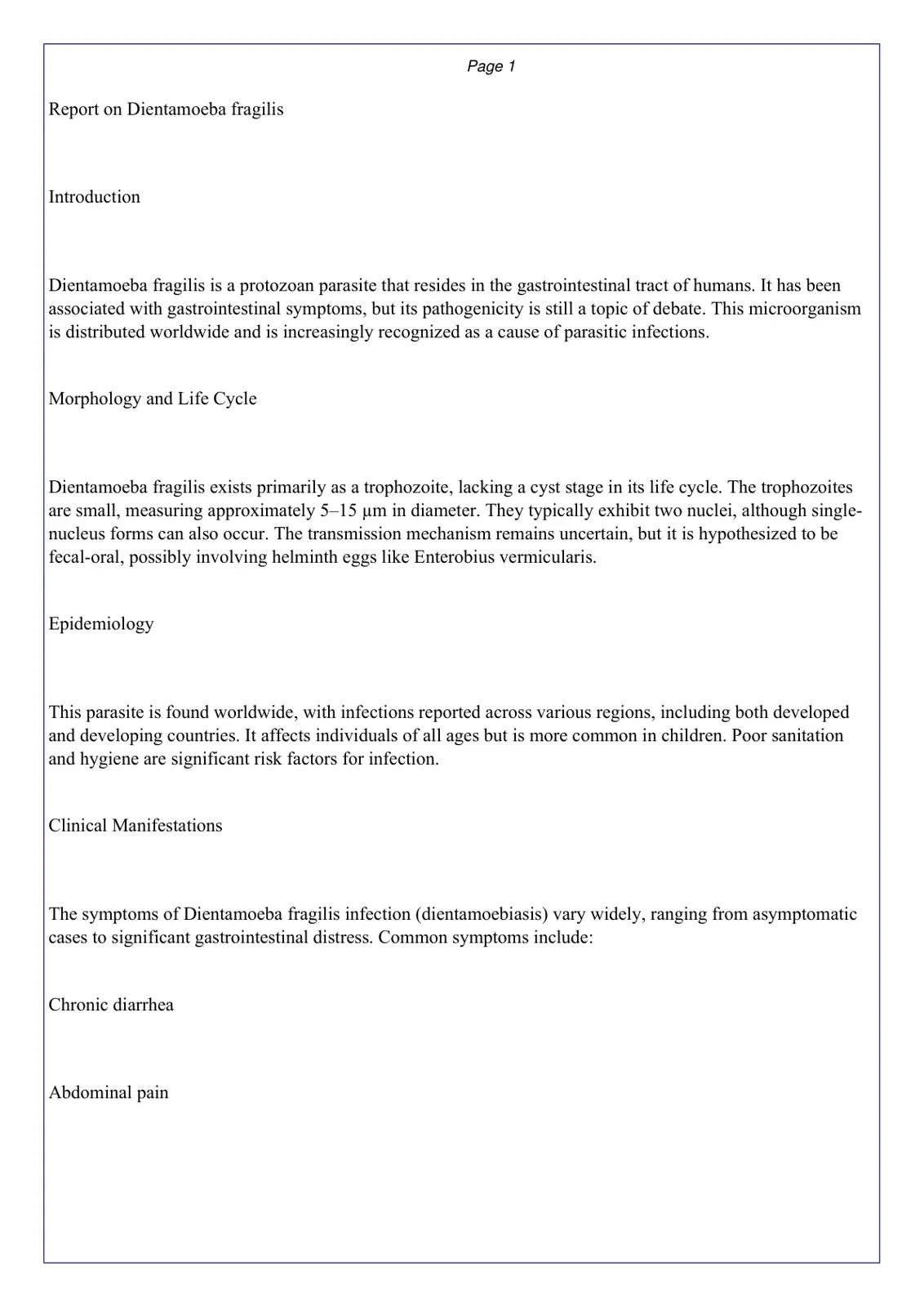 غلاف تقرير Report on Dientamoeba fragilis