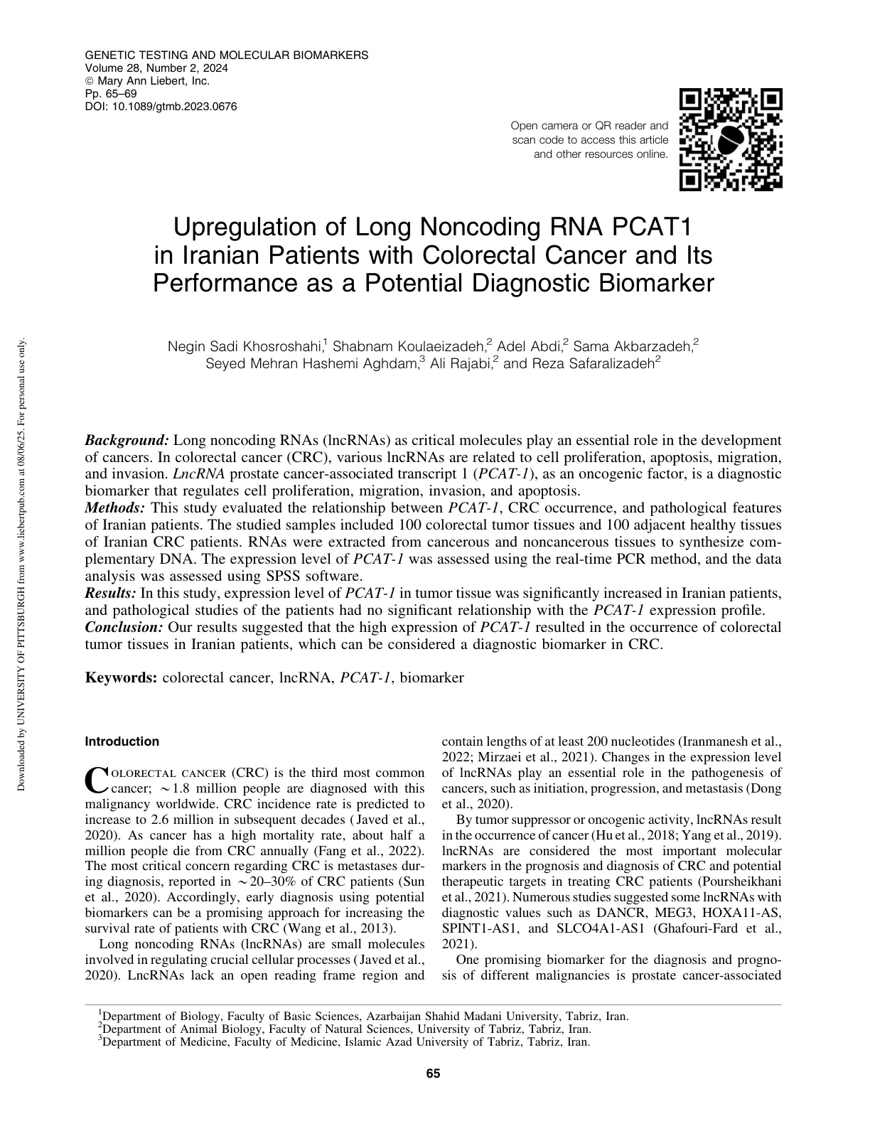 غلاف تقرير Upregulation of Long Noncoding RNA PCAT1 in Iranian Patients with Colorectal Cancer and Its Performance as a Potential Diagnostic Biomarker