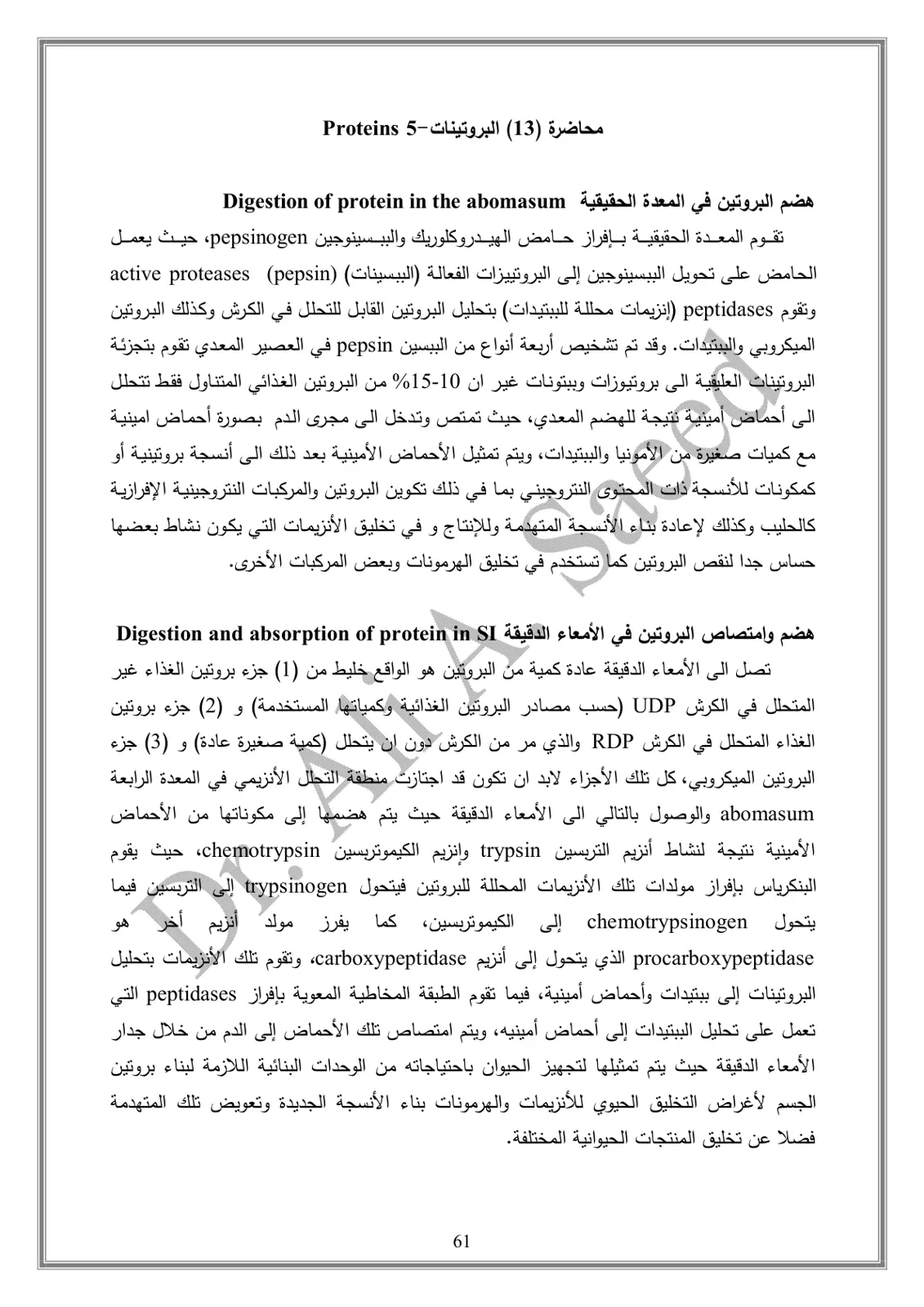 غلاف تقرير محاضرة (13) البروتينات - Proteins