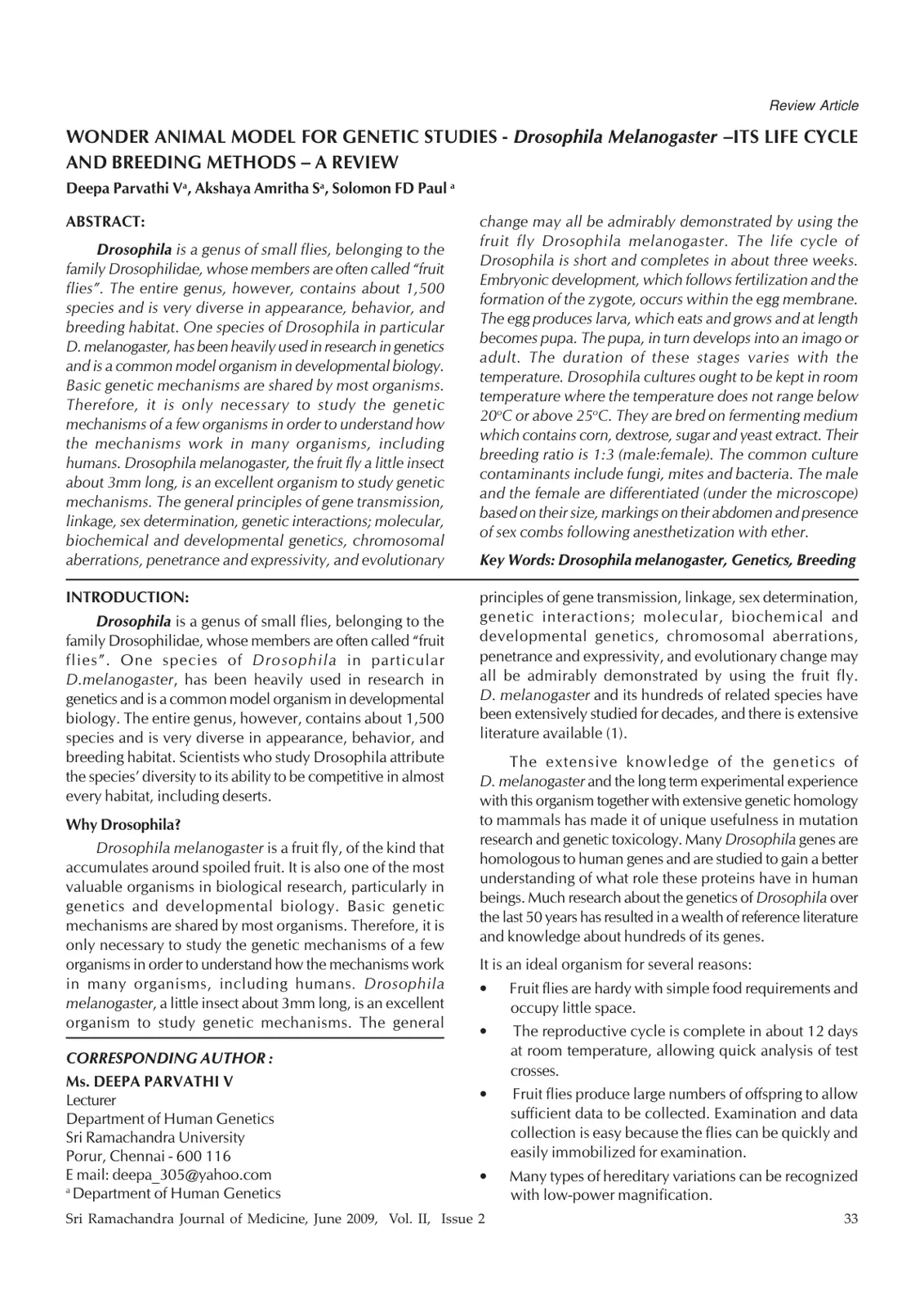 غلاف تقرير WONDER ANIMAL MODEL FOR GENETIC STUDIES - Drosophila Melanogaster - ITS LIFE CYCLE AND BREEDING METHODS - A REVIEW