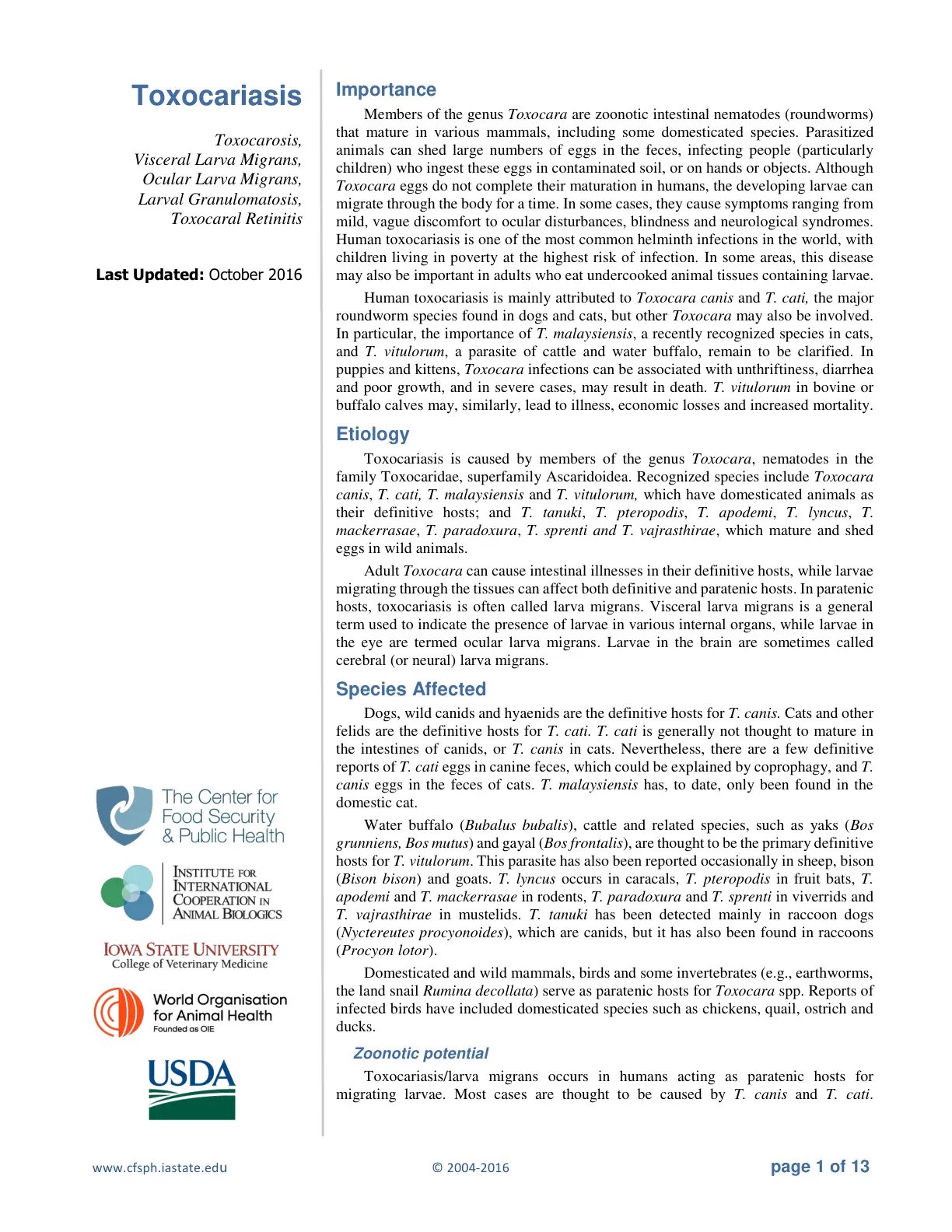 غلاف تقرير Toxocariasis