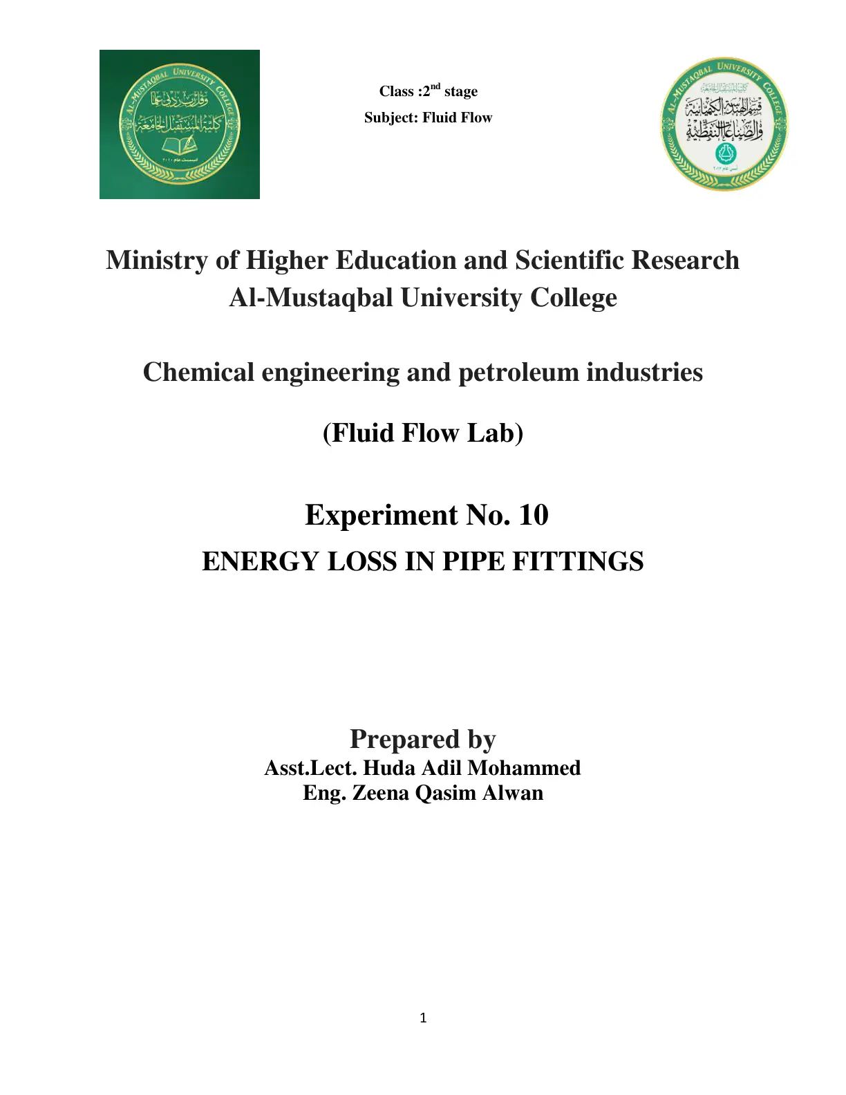 غلاف تقرير Fluid Flow Lab – Experiment No. 10: Energy Loss in Pipe Fittings