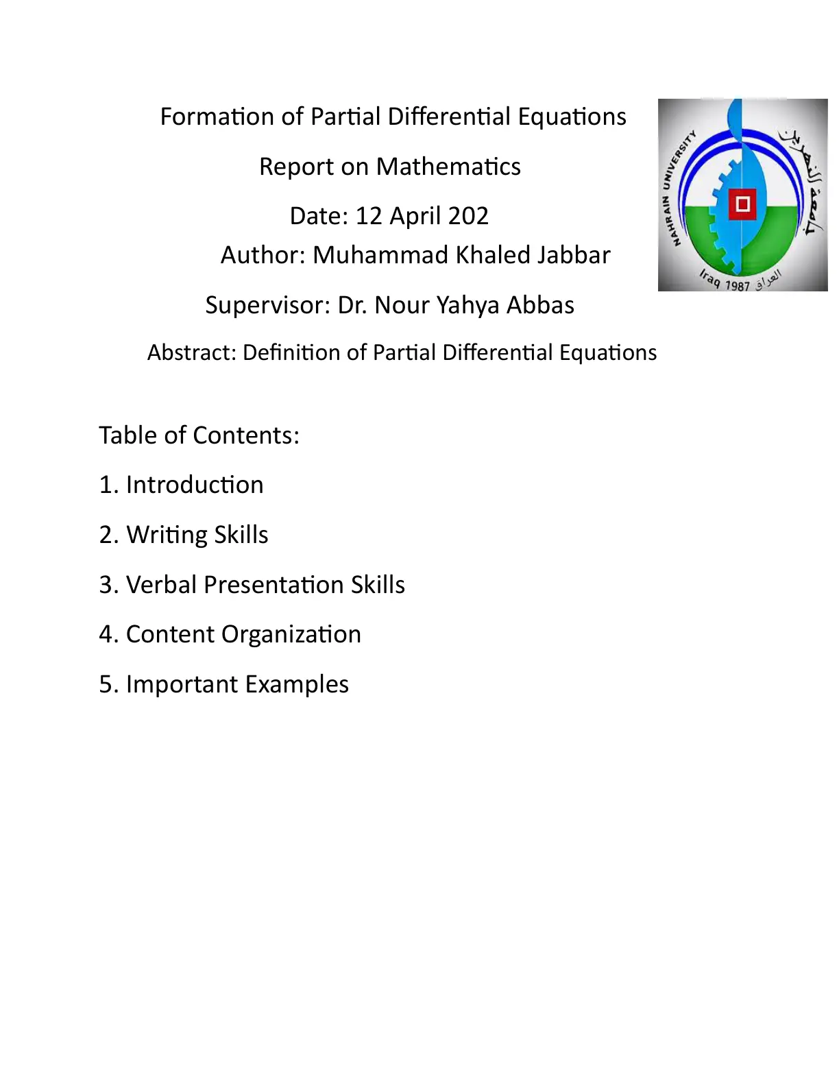 غلاف تقرير Formation of Partial Differential Equations