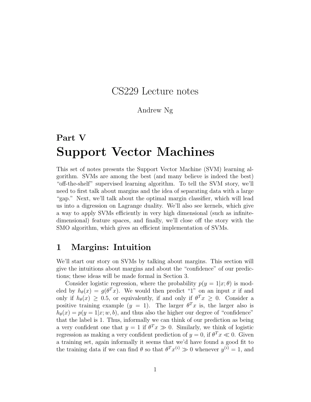 غلاف تقرير CS229 Lecture notes: Support Vector Machines