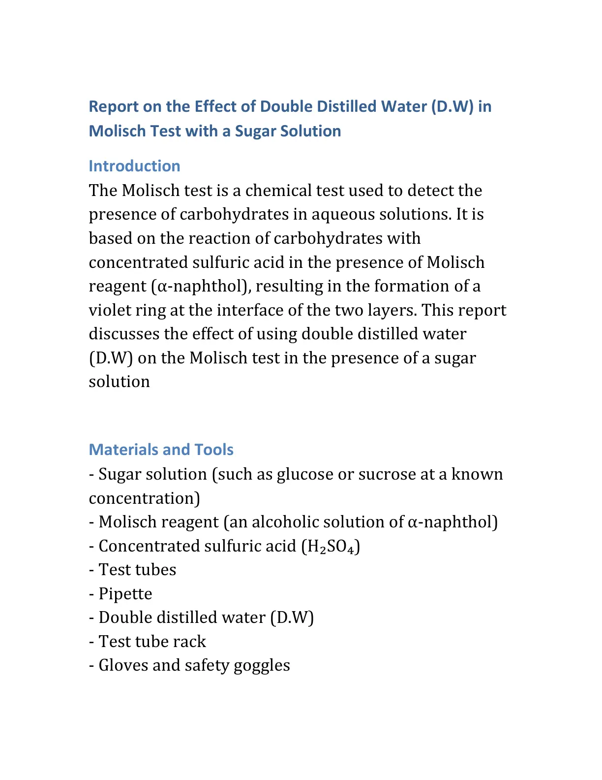 غلاف تقرير Report on the Effect of Double Distilled Water (D.W) in Molisch Test with a Sugar Solution
