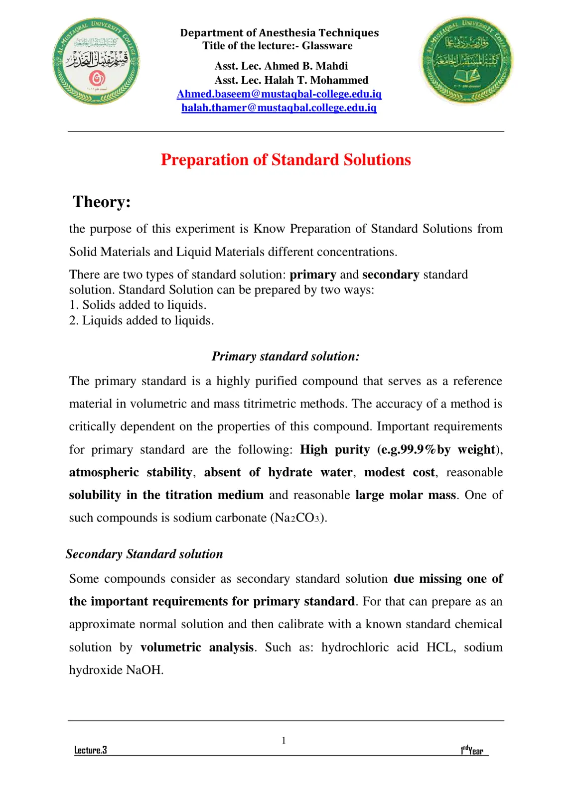 غلاف تقرير Glassware and Preparation of Standard Solutions