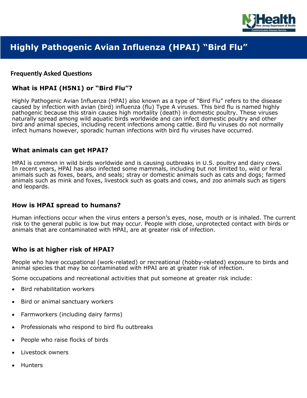غلاف تقرير Highly Pathogenic Avian Influenza (HPAI) "Bird Flu" Frequently Asked Questions