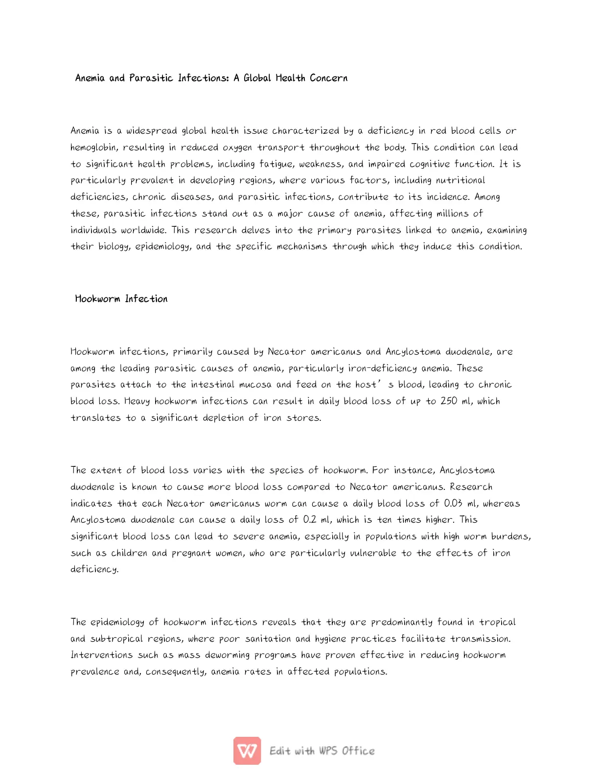 غلاف تقرير Anemia and Parasitic Infections: A Global Health Concern