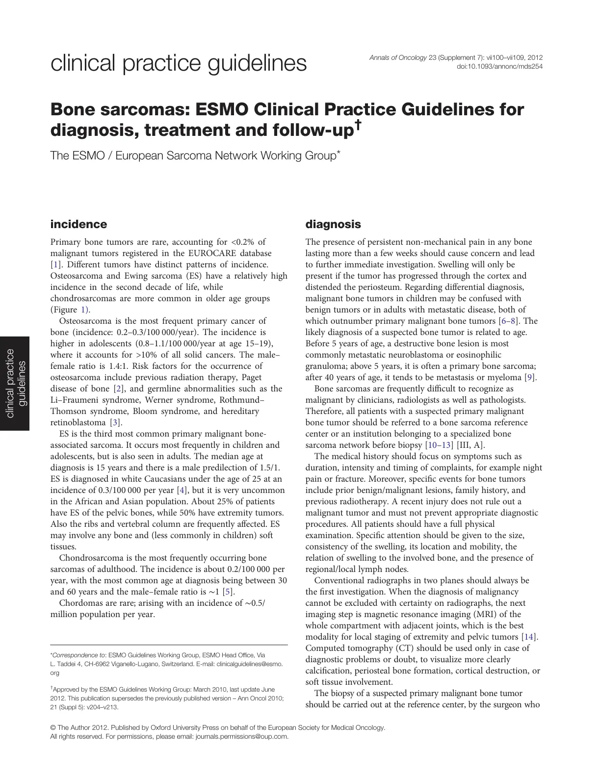 غلاف تقرير Bone sarcomas: ESMO Clinical Practice Guidelines for diagnosis, treatment and follow-up