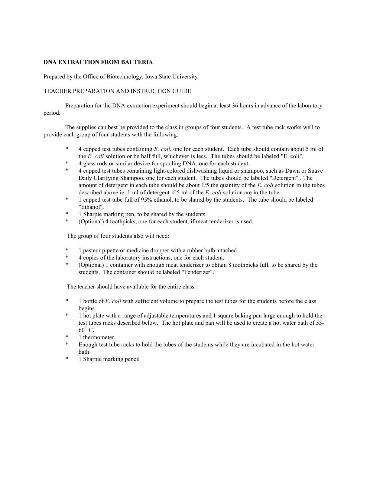 غلاف تقرير DNA Extraction from Bacteria - Teacher Preparation and Instruction Guide