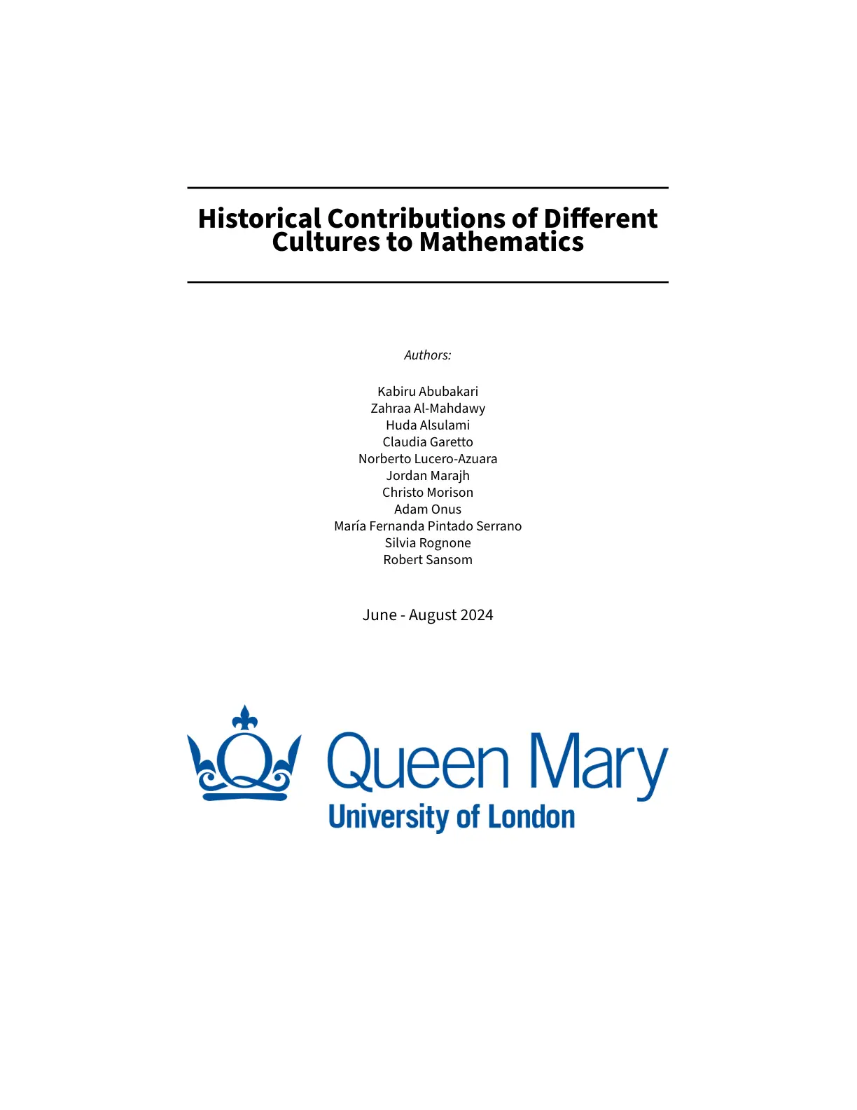 غلاف تقرير Historical Contributions of Different Cultures to Mathematics