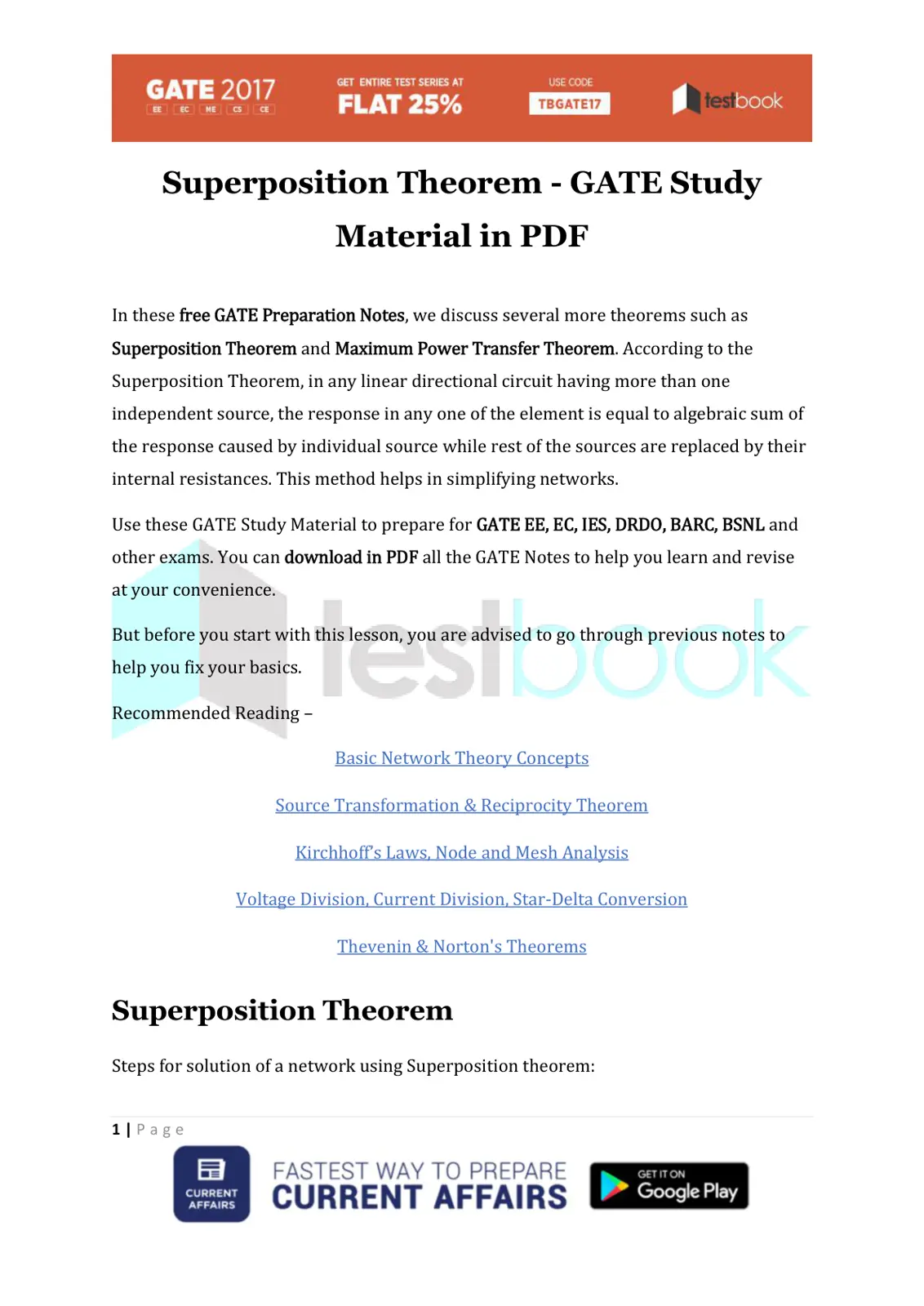 غلاف تقرير Superposition Theorem - GATE Study Material in PDF