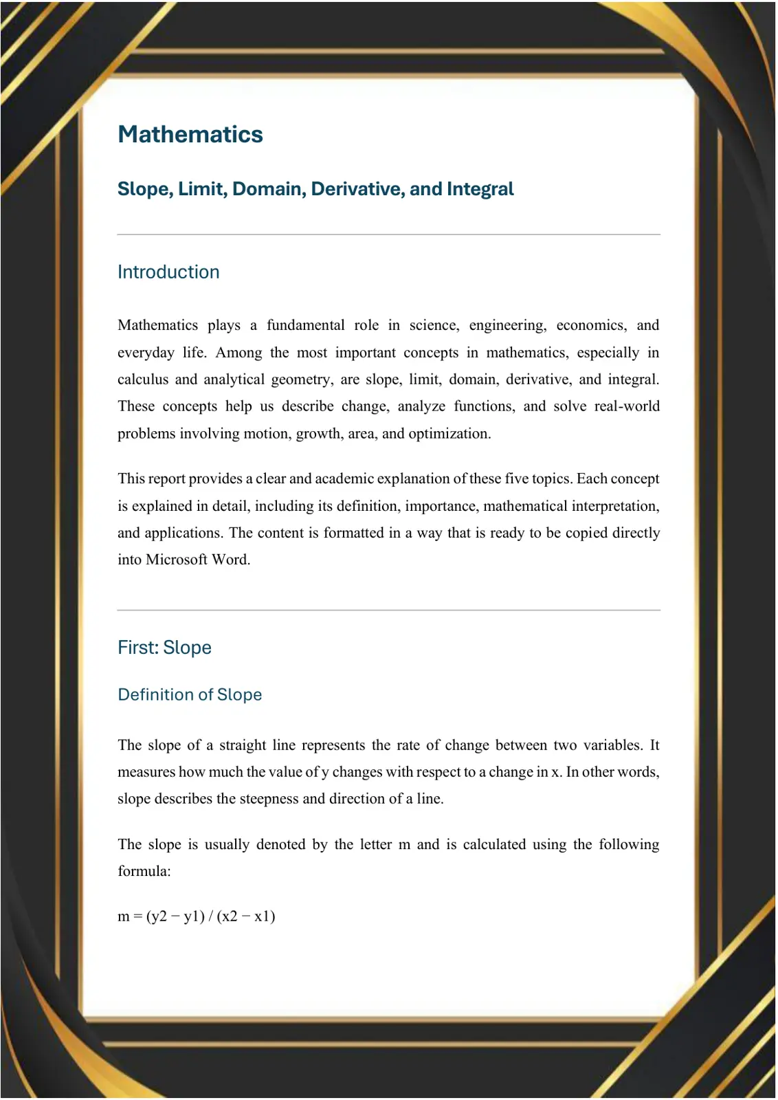 غلاف تقرير Mathematics: Slope, Limit, Domain, Derivative, and Integral