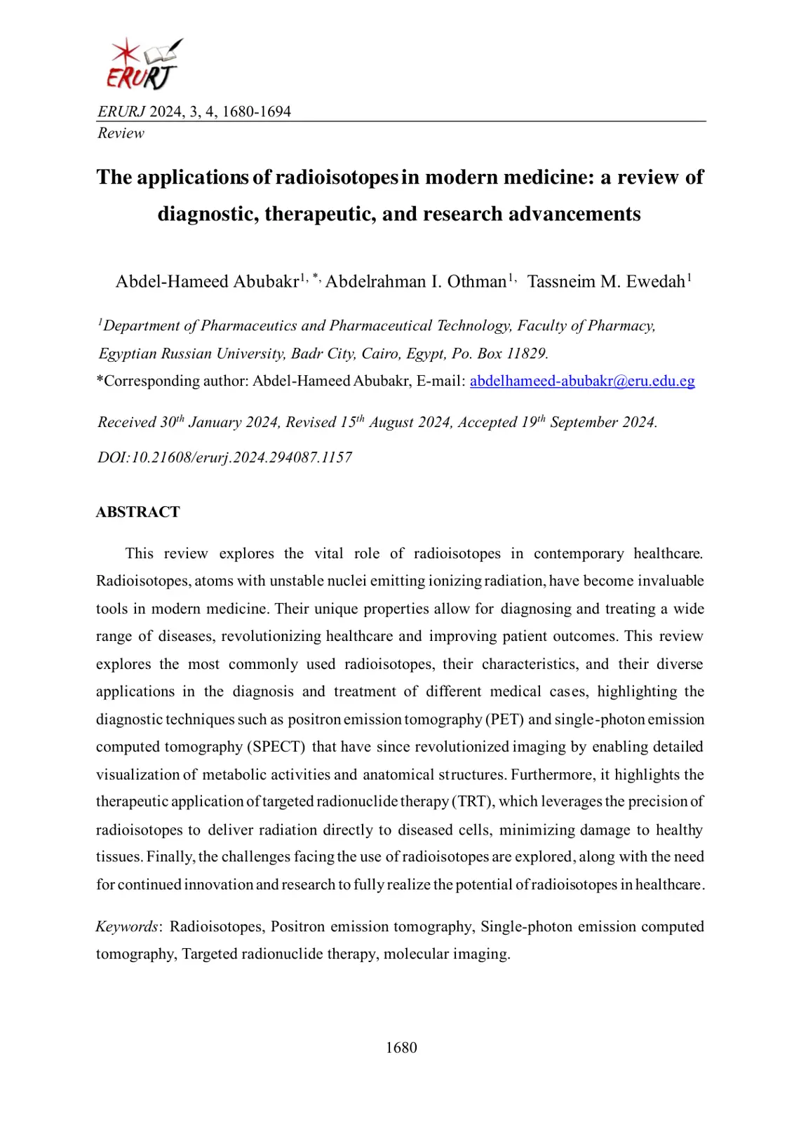 غلاف تقرير The applications of radioisotopes in modern medicine: a review of diagnostic, therapeutic, and research advancements