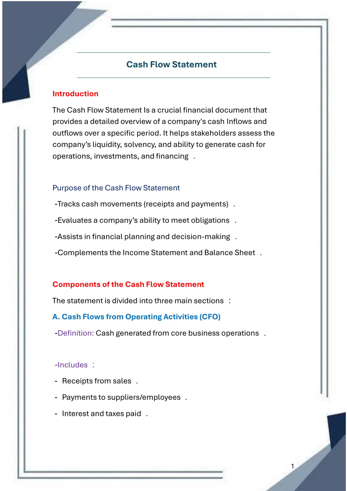 غلاف تقرير Cash Flow Statement