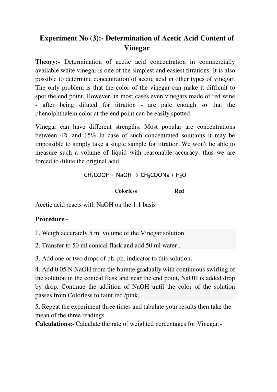 غلاف تقرير Experiment No (3): Determination of Acetic Acid Content of Vinegar
