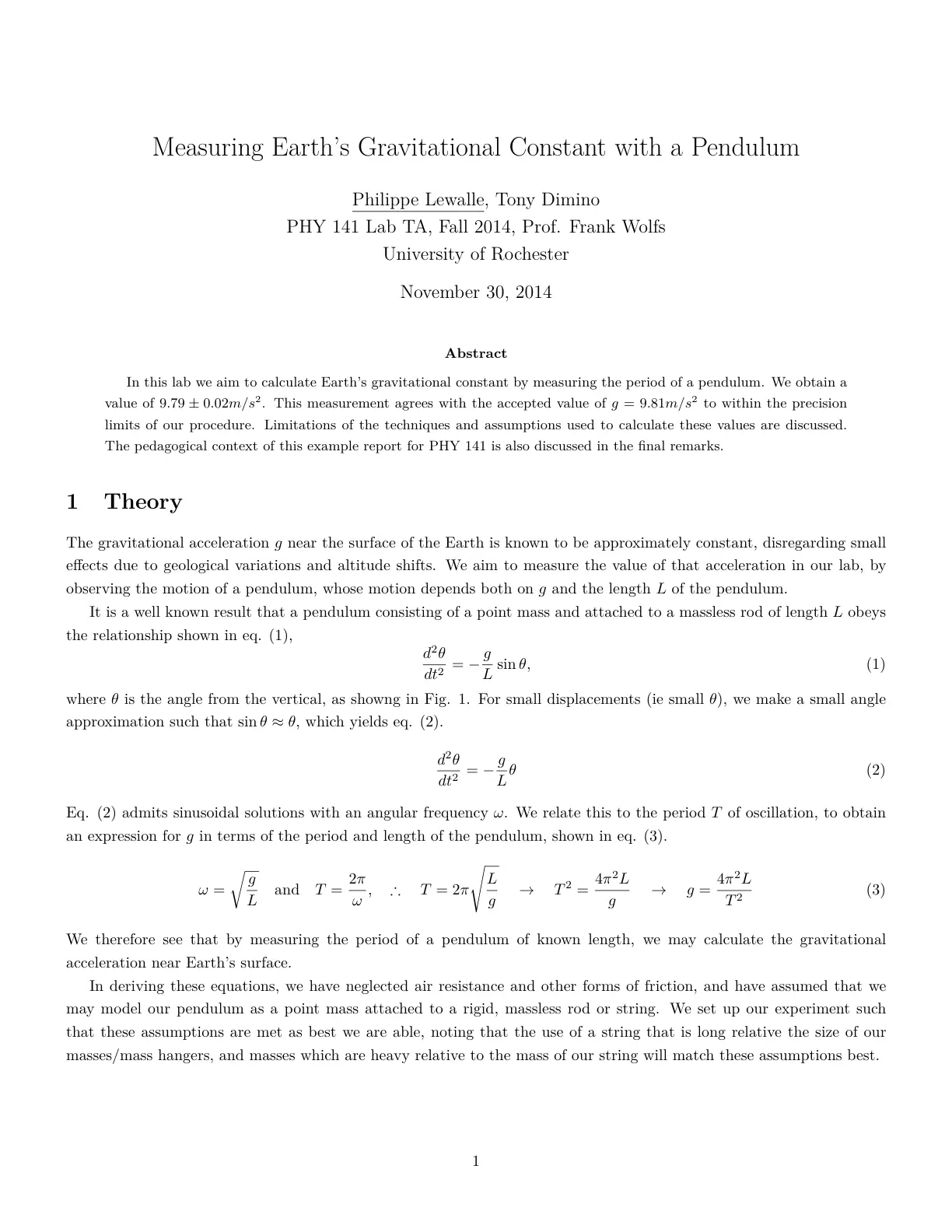 غلاف تقرير Measuring Earth's Gravitational Constant with a Pendulum