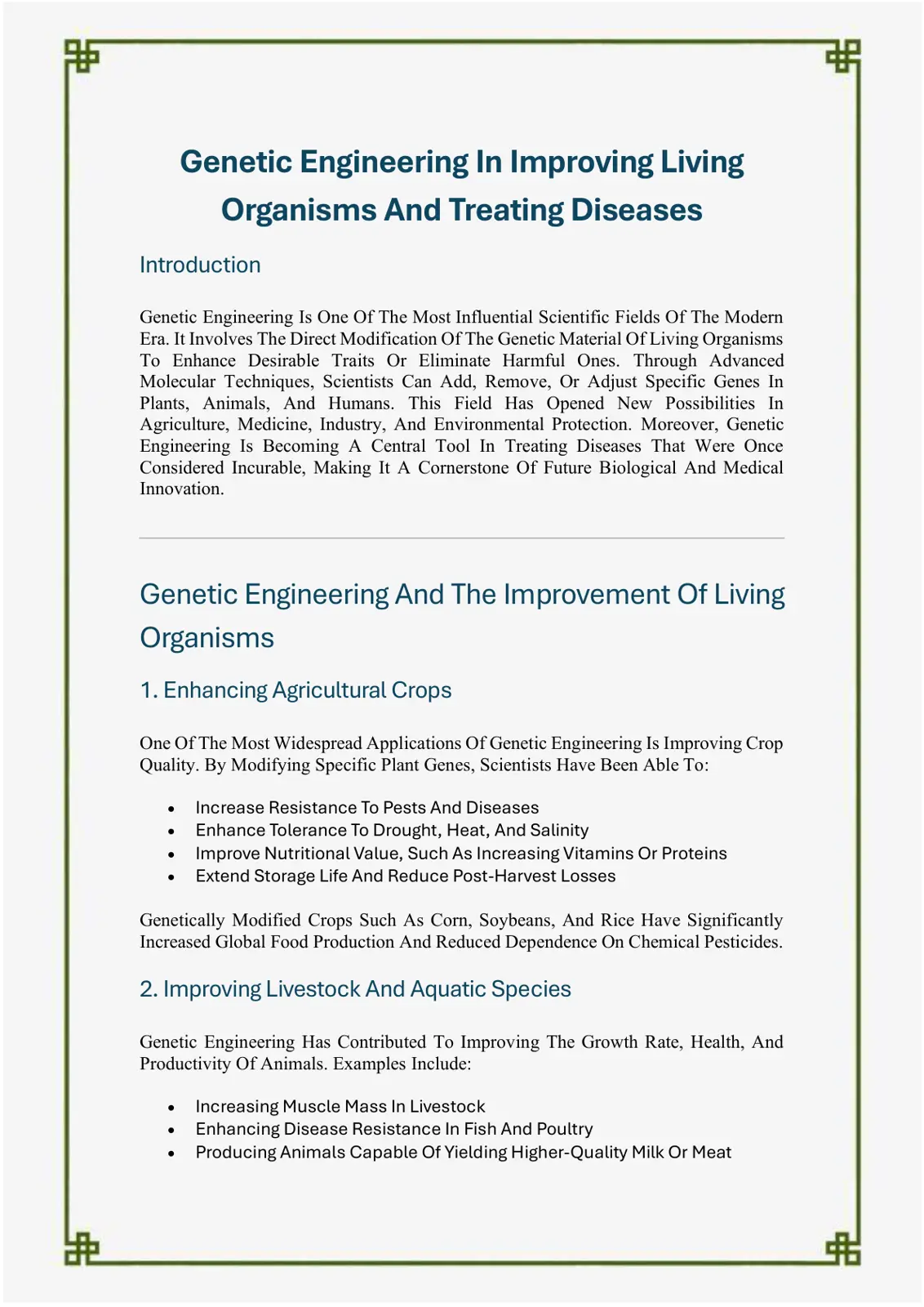 غلاف تقرير Genetic Engineering In Improving Living Organisms And Treating Diseases