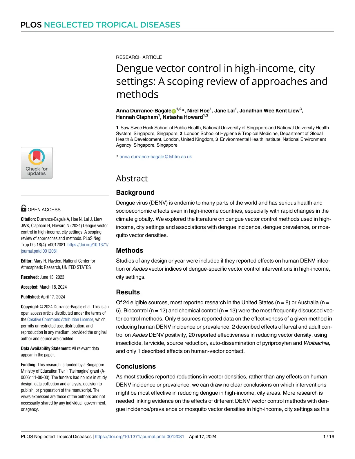 غلاف تقرير Dengue vector control in high-income, city settings: A scoping review of approaches and methods