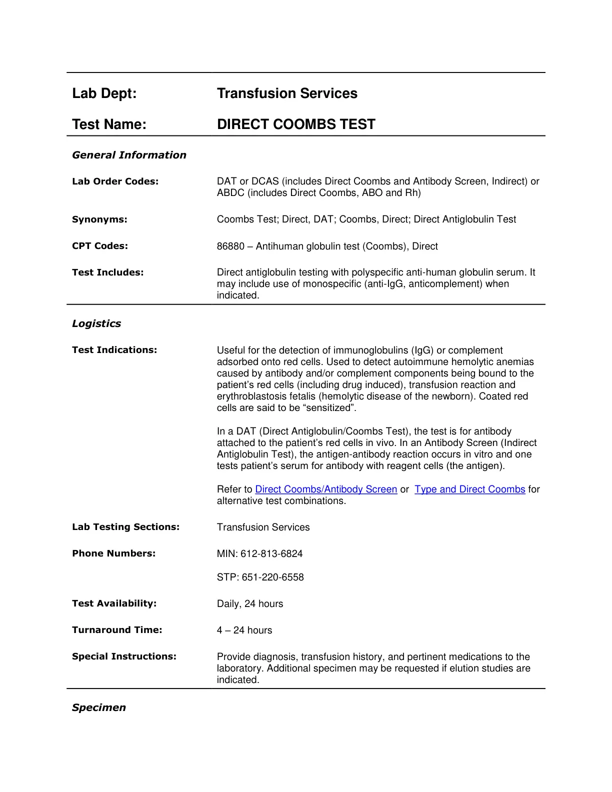غلاف تقرير DIRECT COOMBS TEST: General Information