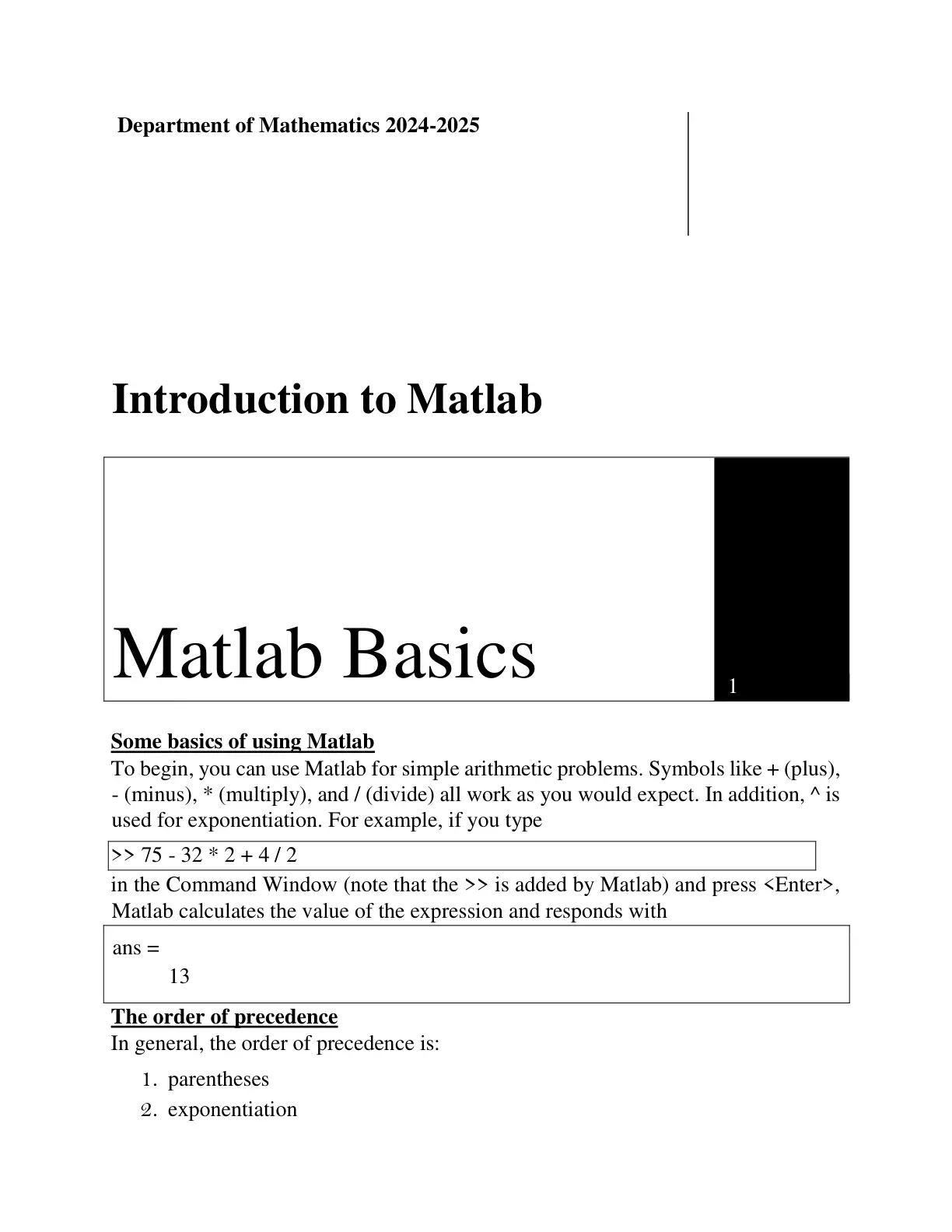 غلاف تقرير Introduction to Matlab