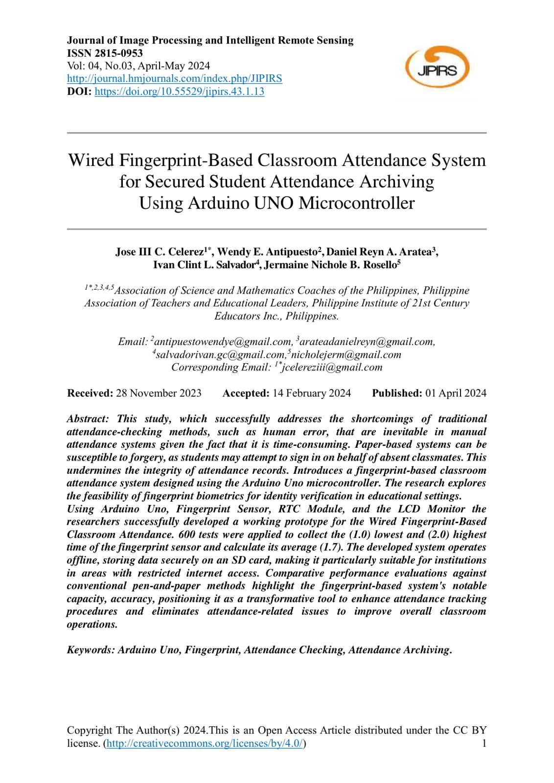 غلاف تقرير Wired Fingerprint-Based Classroom Attendance System for Secured Student Attendance Archiving Using Arduino UNO Microcontroller