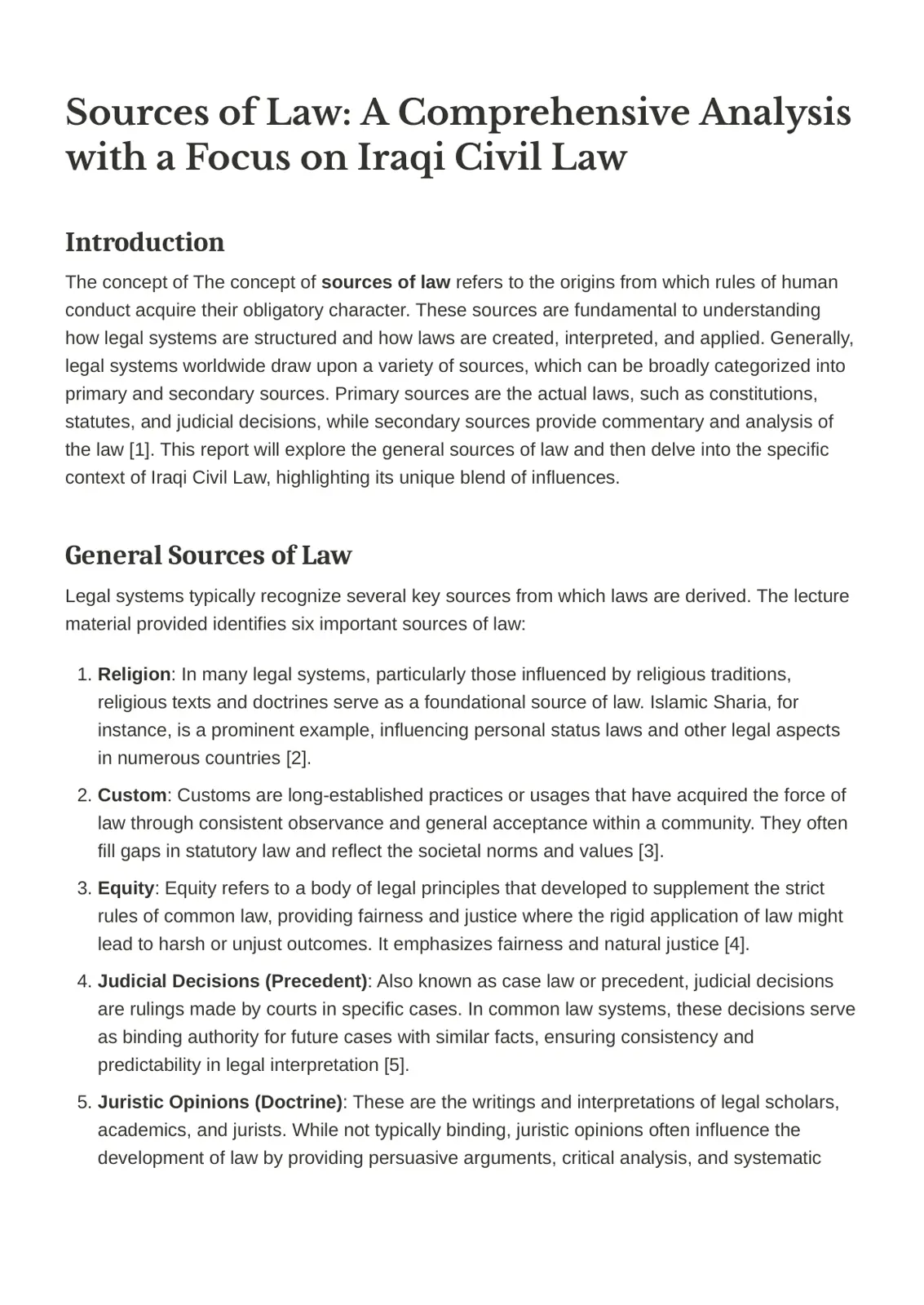 غلاف تقرير Sources of Law: A Comprehensive Analysis with a Focus on Iraqi Civil Law
