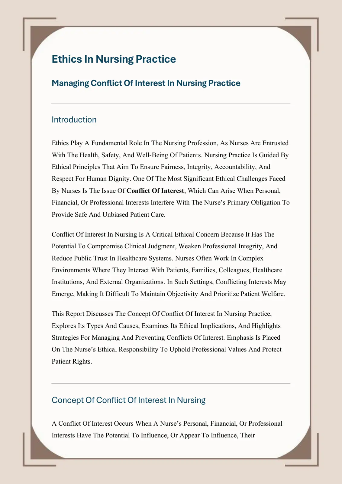 غلاف تقرير Managing Conflict Of Interest In Nursing Practice