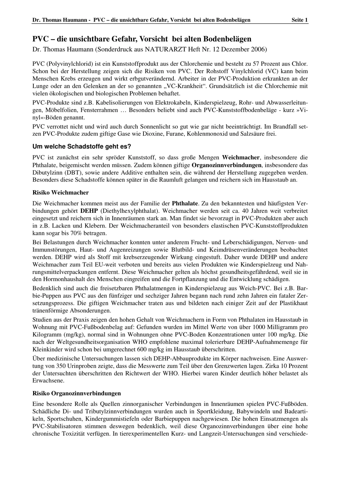 غلاف تقرير PVC – die unsichtbare Gefahr, Vorsicht bei alten Bodenbelägen