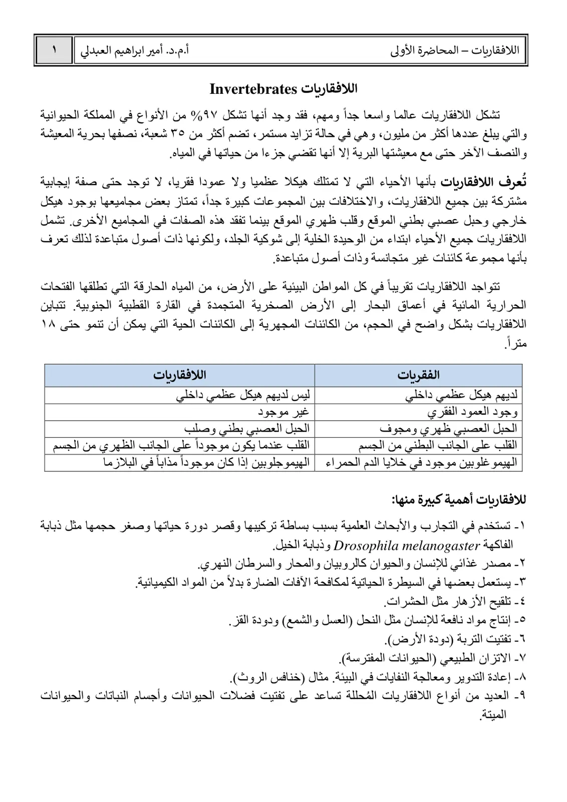 غلاف تقرير اللافقاريات – المحاضرة الأولى
