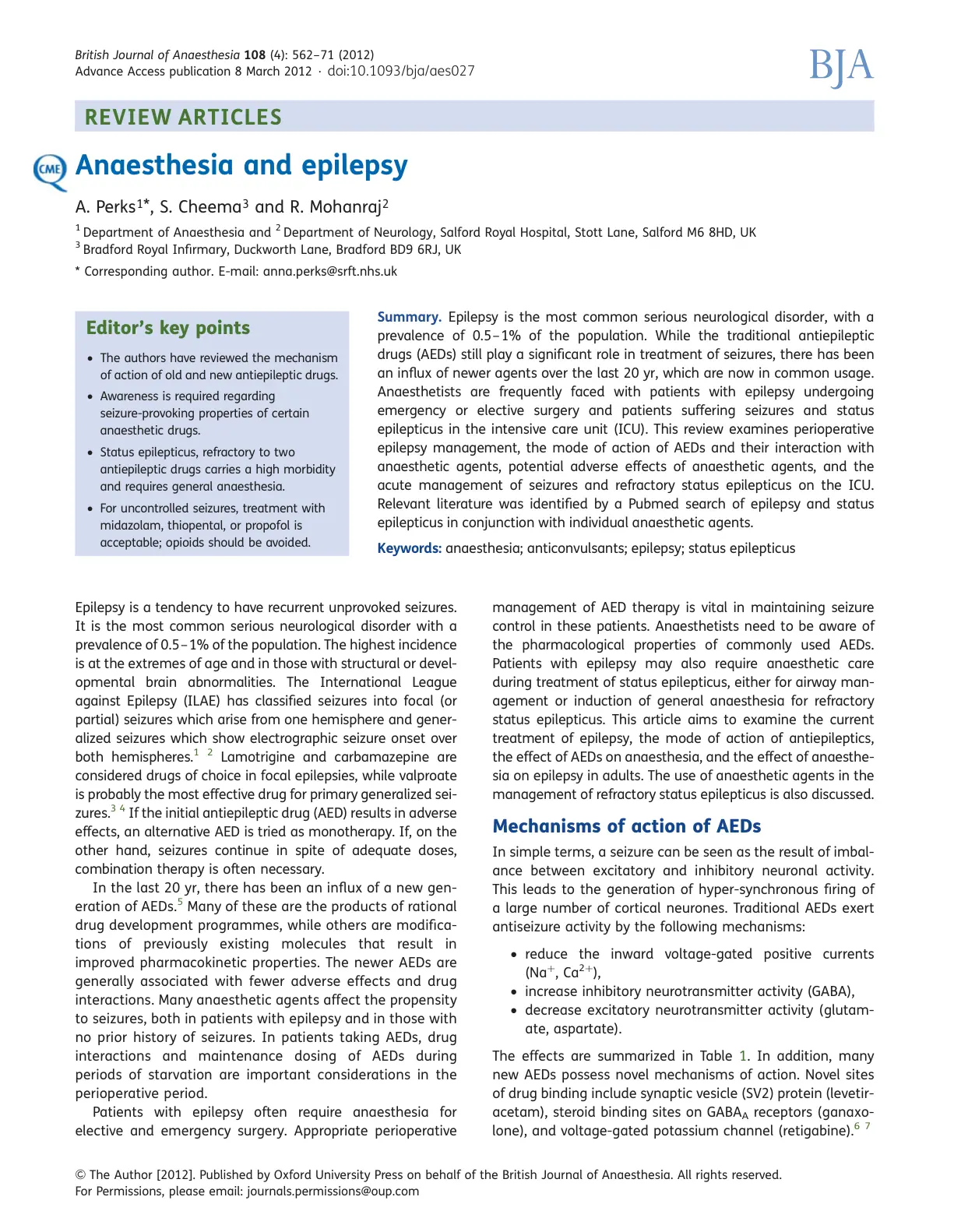 غلاف تقرير CME Anaesthesia and epilepsy