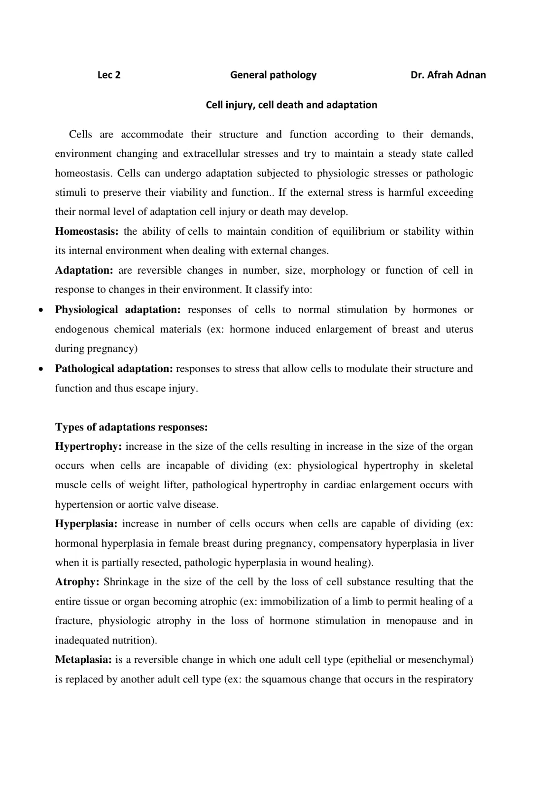 غلاف تقرير General Pathology - Lec 2: Cell Injury, Cell Death and Adaptation