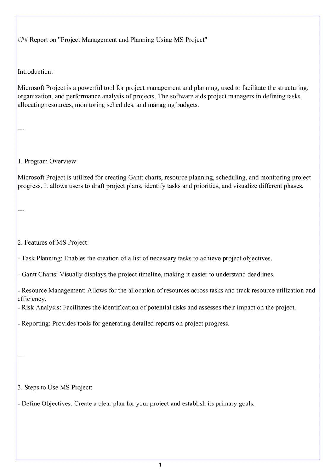 غلاف تقرير Project Management and Planning Using MS Project