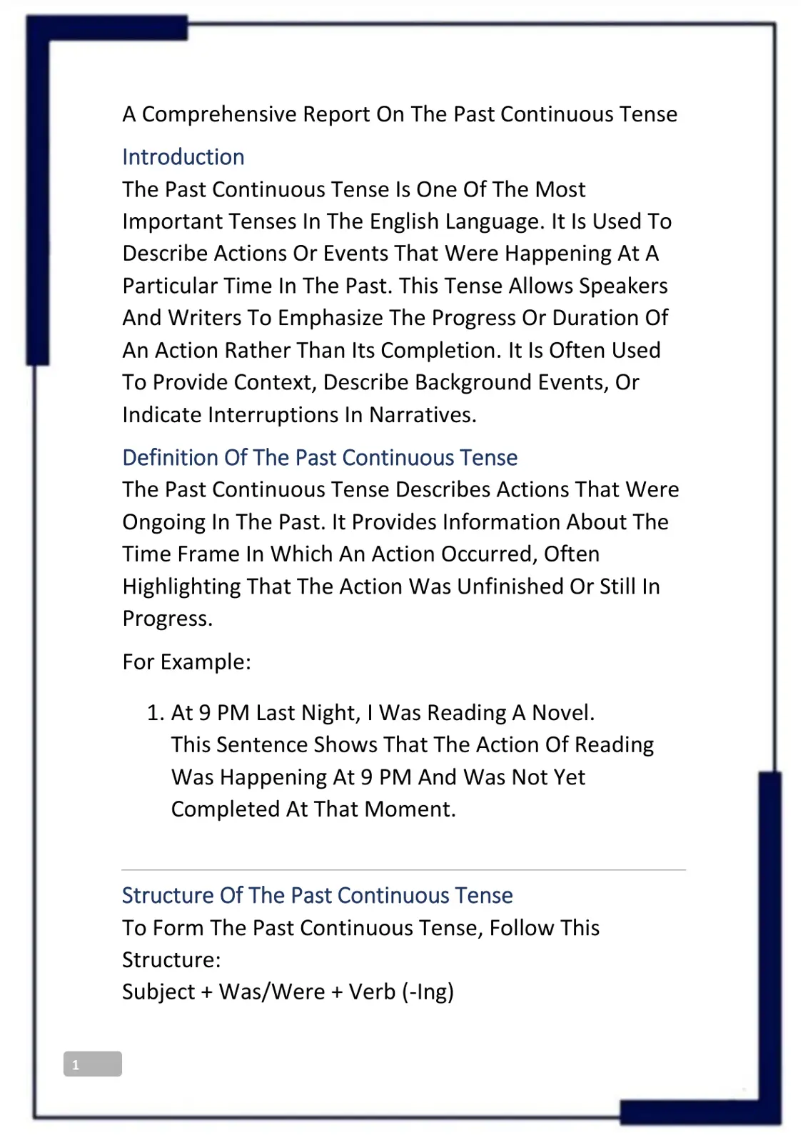 غلاف تقرير A Comprehensive Report On The Past Continuous Tense