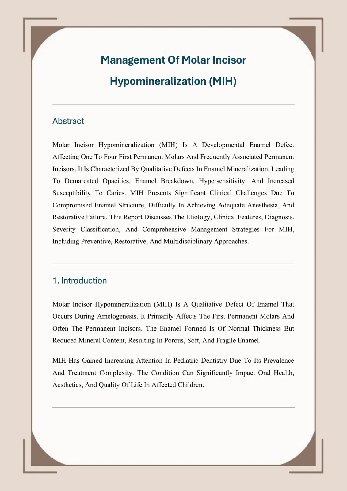 غلاف تقرير Management of Molar Incisor Hypomineralization (MIH)