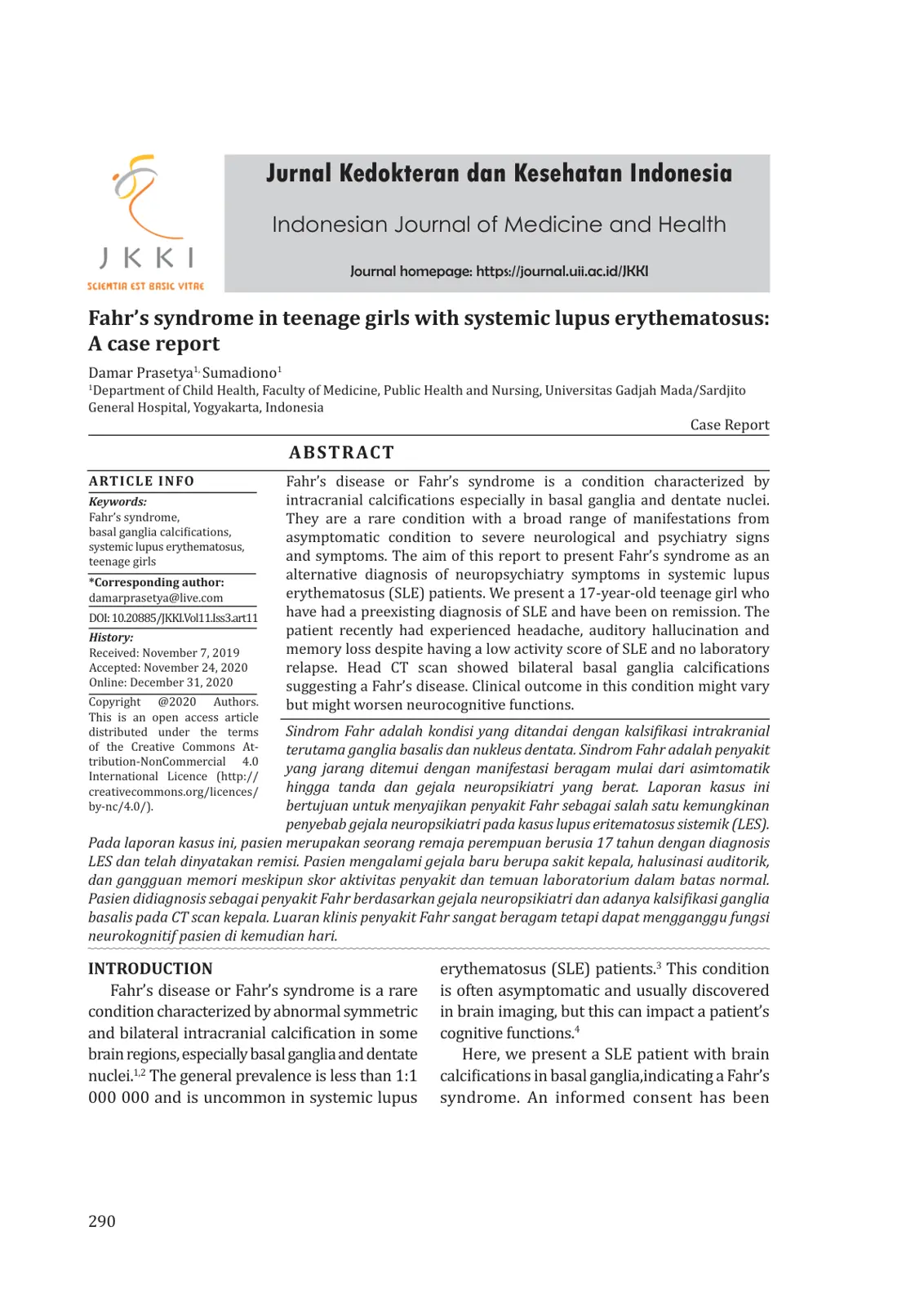 غلاف تقرير Fahr's syndrome in teenage girls with systemic lupus erythematosus: A case report