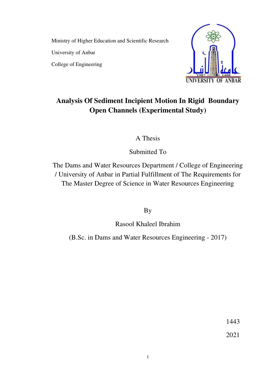 غلاف تقرير Analysis Of Sediment Incipient Motion In Rigid Boundary Open Channels