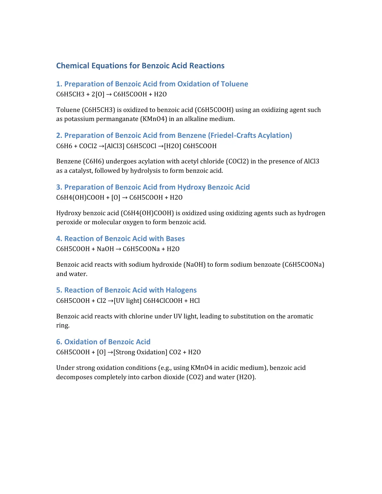 غلاف تقرير Chemical Equations for Benzoic Acid Reactions