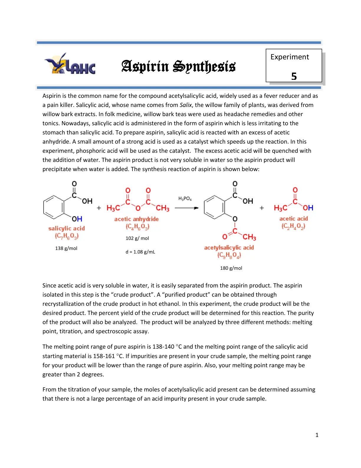 غلاف تقرير Aspirin Synthesis Experiment