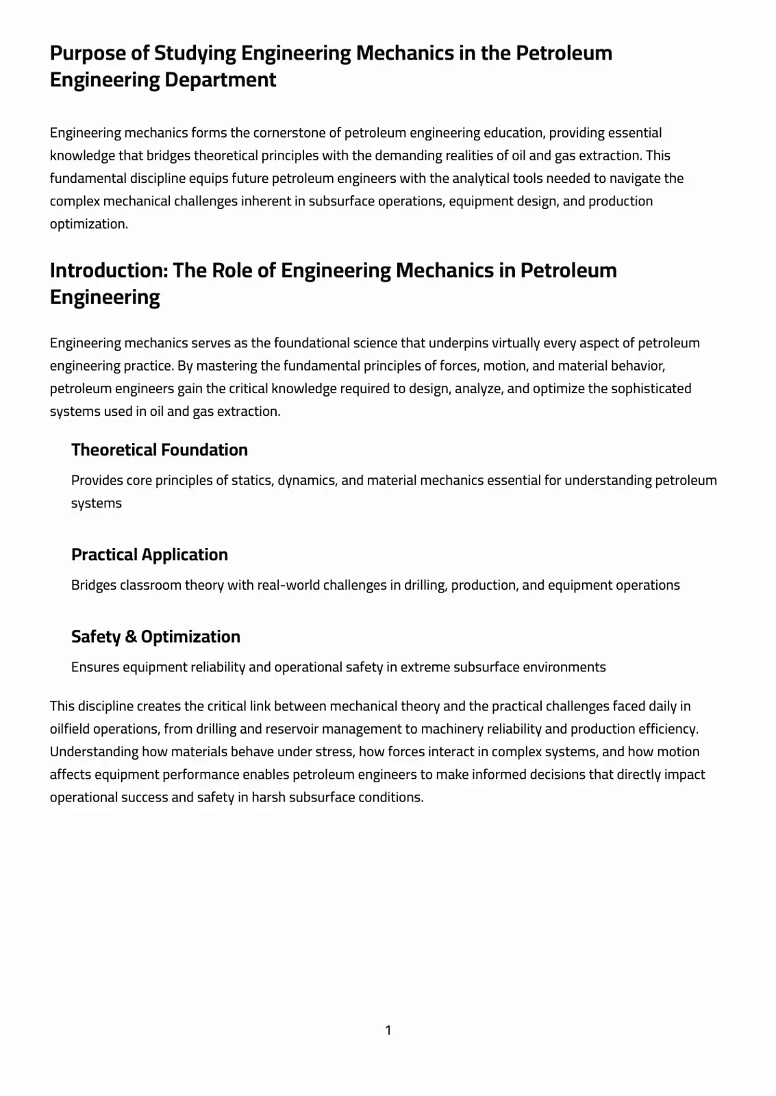 غلاف تقرير Purpose of Studying Engineering Mechanics in the Petroleum Engineering Department