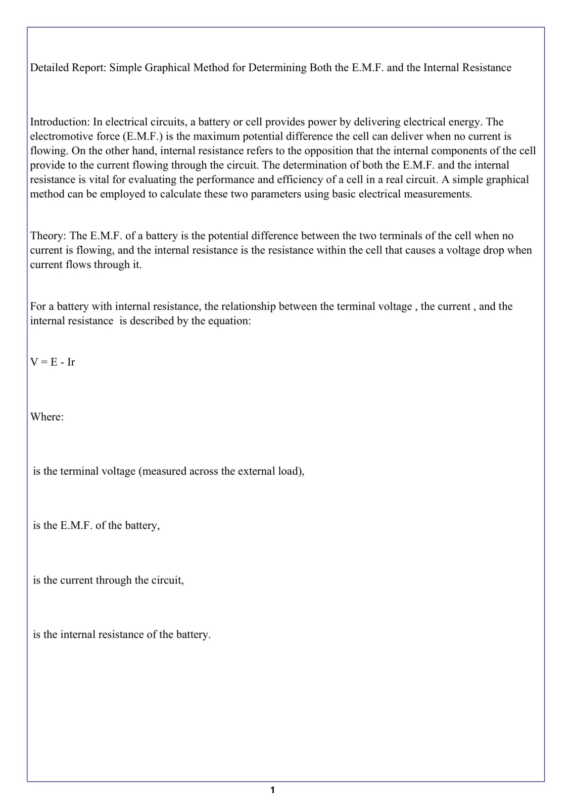 غلاف تقرير Detailed Report: Simple Graphical Method for Determining Both the E.M.F. and the Internal Resistance