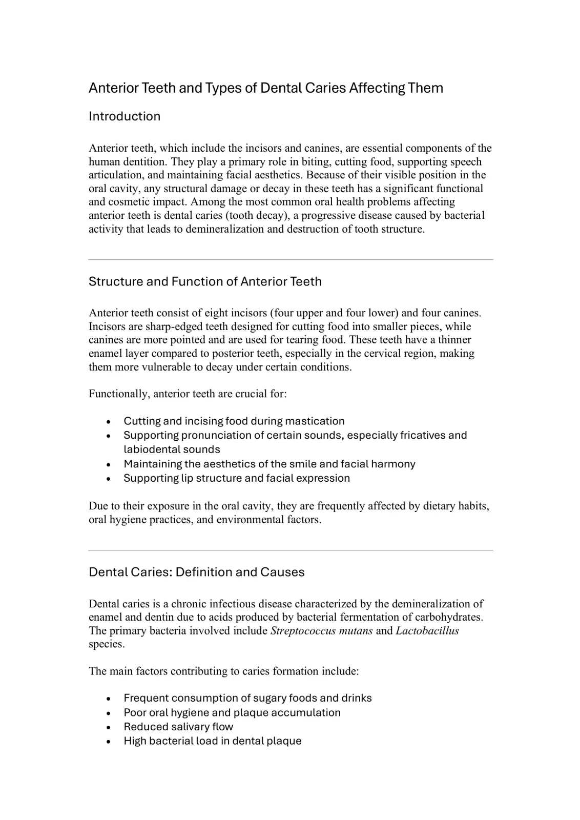 غلاف تقرير Anterior Teeth and Types of Dental Caries Affecting Them